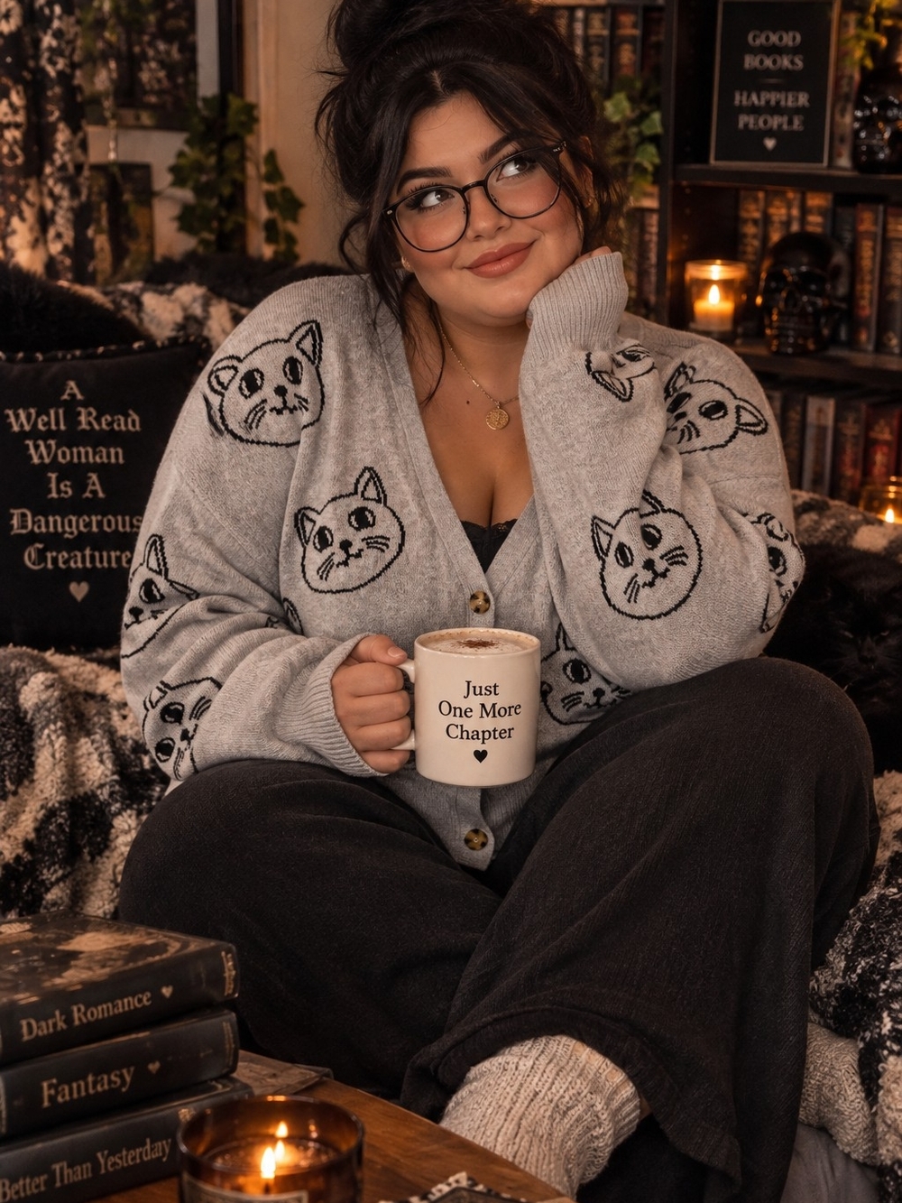 No Boundaries Grey Cat Motif Button-Front Cardigan